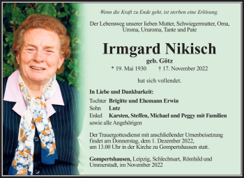 Traueranzeige von Irmgard Nikisch von Südthüringer Presse