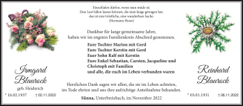 Traueranzeige von ReinhardIrmgard BlaurockBlaurock von Südthüringer Presse