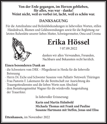Traueranzeige von Erika Hössel von Südthüringer Presse