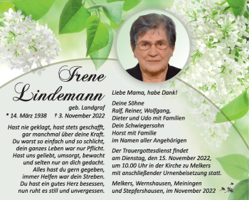 Traueranzeige von Irene Lindemann von Südthüringer Presse