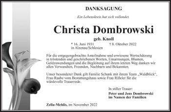 Traueranzeige von Christa Dombrowski von Südthüringer Presse