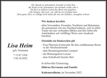 Traueranzeige von Lisa Heim von Südthüringer Presse