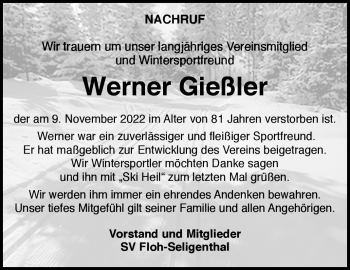 Traueranzeige von Werner Gießler von Südthüringer Presse