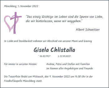 Traueranzeige von Gisela Chlistalla von Frankenpost