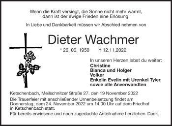 Traueranzeige von Dieter Wachmer von Neue Presse Coburg