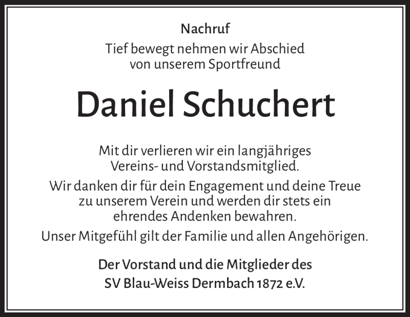  Traueranzeige für Daniel Schuchert vom 26.11.2022 aus Südthüringer Presse