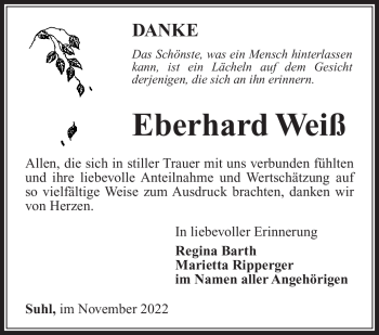 Traueranzeige von Eberhard Weiß von Südthüringer Presse