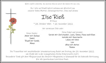 Traueranzeige von Ilse Rieß von Frankenpost