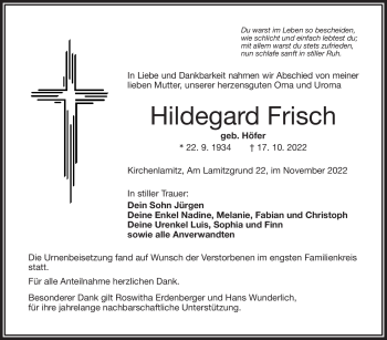 Traueranzeige von Hildegard Frisch von Frankenpost