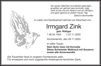Traueranzeige von Irmgard Zink von Frankenpost
