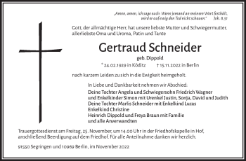 Traueranzeige von Gertraud Schneider von Frankenpost
