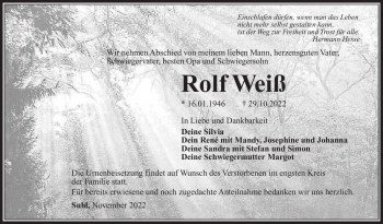 Traueranzeige von Rolf Weiß von Südthüringer Presse