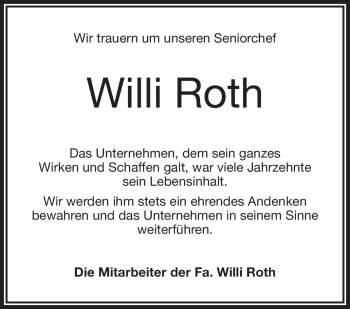 Traueranzeige von Willi Roth von Frankenpost