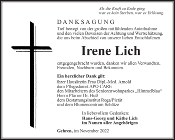 Traueranzeige von Irene Lich von Südthüringer Presse