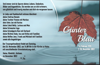 Traueranzeige von Günter Blau von Südthüringer Presse