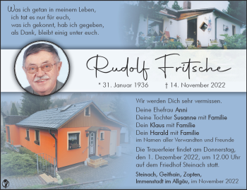 Traueranzeige von Rudolf Fritsche von Südthüringer Presse