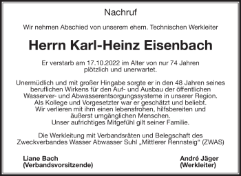 Traueranzeige von Karl-Heinz Eisenbach von Südthüringer Presse