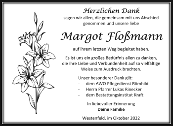 Traueranzeige von Margot Floßmann von Südthüringer Presse