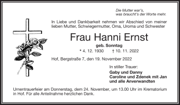 Traueranzeige von Hanni Ernst von Frankenpost