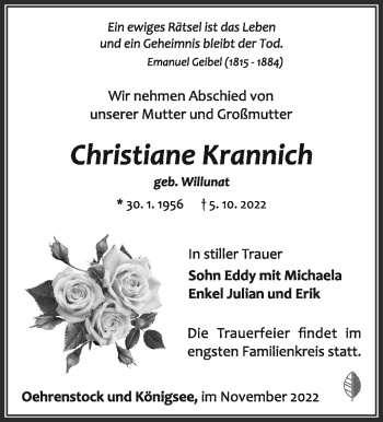 Traueranzeige von Christiane Krannich von Südthüringer Presse