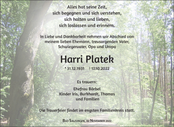 Traueranzeige von Harry Platek von Südthüringer Presse