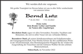 Traueranzeige von Bernd Lutz von Südthüringer Presse
