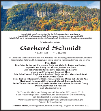 Traueranzeige von Gerhard Schmidt von Südthüringer Presse