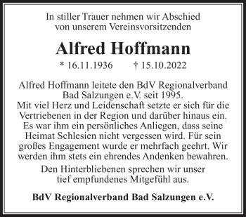 Traueranzeige von Alfred Hoffmann von Südthüringer Presse