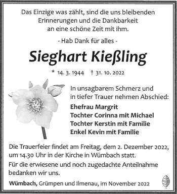 Traueranzeige von Sieghart Kießling von Südthüringer Presse