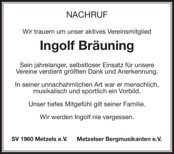 Traueranzeige von Ingolf Bräuning von Südthüringer Presse