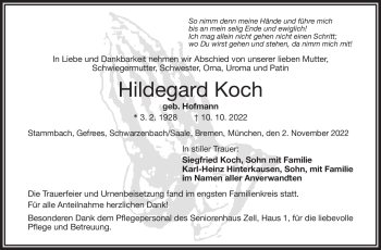 Traueranzeige von Hildegard Koch von Frankenpost