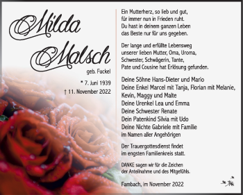 Traueranzeige von Milda Malsch von Südthüringer Presse