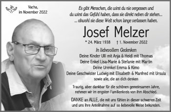 Traueranzeige von Josef Melzer von Südthüringer Presse