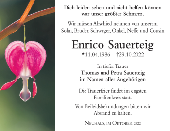 Traueranzeige von Enrico Sauerteig von Südthüringer Presse