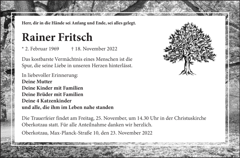  Traueranzeige für Rainer Fritsch vom 23.11.2022 aus Frankenpost