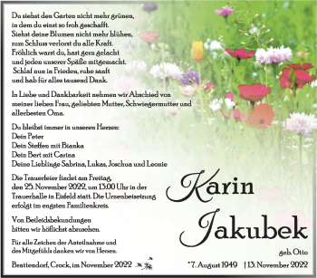 Traueranzeige von Karin Jakubek von Südthüringer Presse