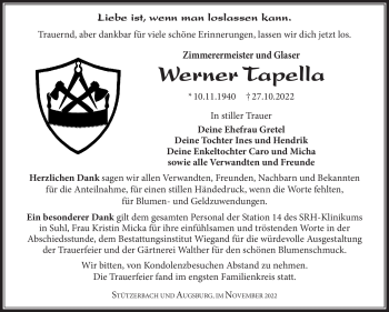 Traueranzeige von Werner Tapella von Südthüringer Presse