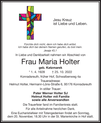 Traueranzeige von Maria Holter von Frankenpost
