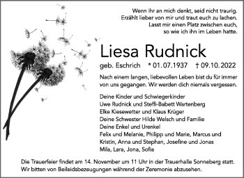 Traueranzeige von Liesa Rudnick von Südthüringer Presse