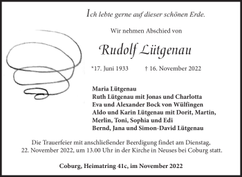 Traueranzeige von Rudolf Lütgenau von Südthüringer Presse