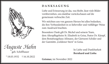 Traueranzeige von Auguste Hahn von Südthüringer Presse