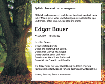Traueranzeige von Edgar Bauer von Südthüringer Presse
