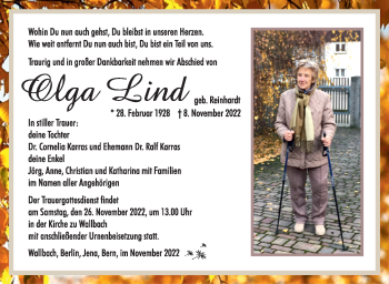 Traueranzeige von Olga Lind von Südthüringer Presse