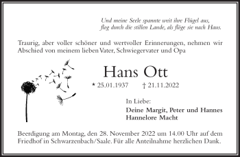Traueranzeige von Hans Ott von Frankenpost