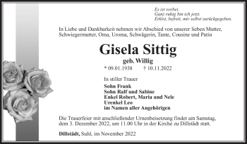 Traueranzeige von Gisela Sittig von Südthüringer Presse
