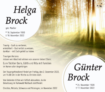Traueranzeige von HelgaGünter BrockBrock von Südthüringer Presse