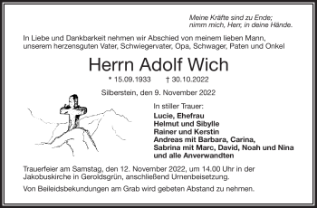 Traueranzeige von Adolf Wich von Frankenpost