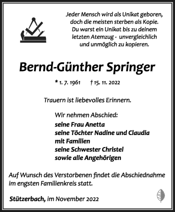 Traueranzeige von Bernd-Günther Springer von Südthüringer Presse