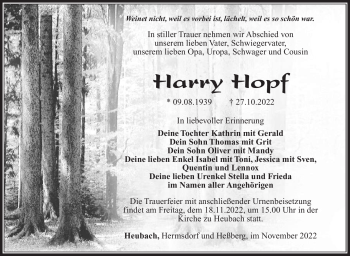 Traueranzeige von Harry Hopf von Südthüringer Presse