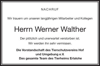 Traueranzeige von Werner Walther von Frankenpost